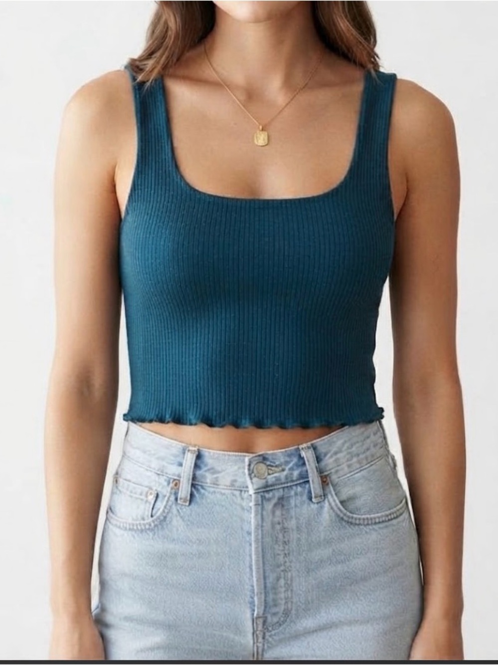 Square Neck Ruffle Hem Ribbed Tank Top in Teal Blue Size Small